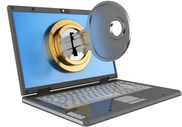 3d illustration of laptop computer locked by key, isolated over white